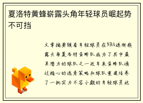 夏洛特黄蜂崭露头角年轻球员崛起势不可挡